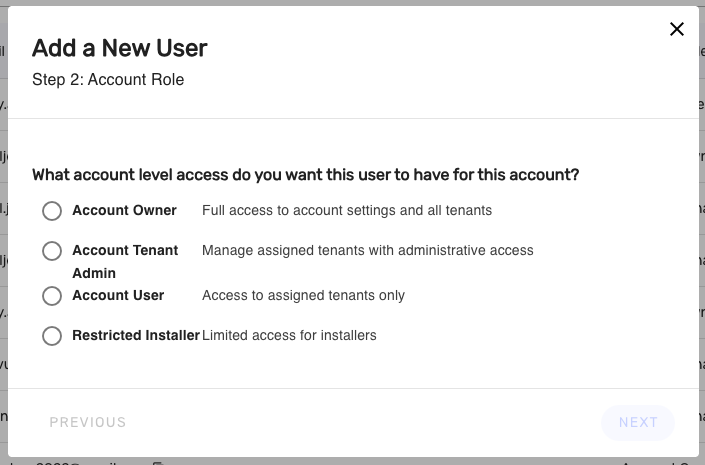 User role selection options for adding a new user in an account management interface.